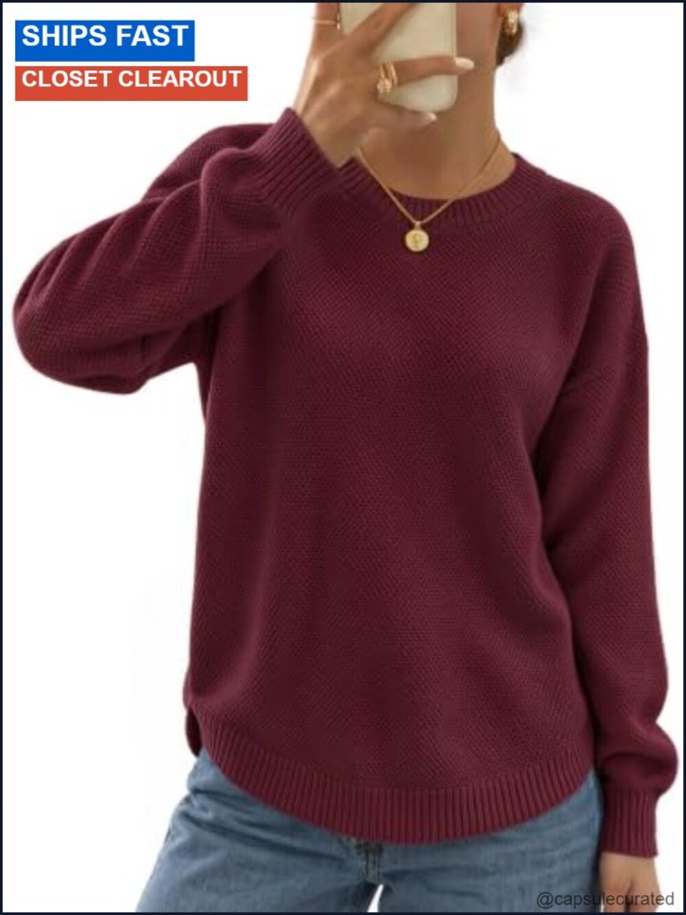 Waffle Knit Pullover Sweater Crew Neck Balloon Sleeve Women's